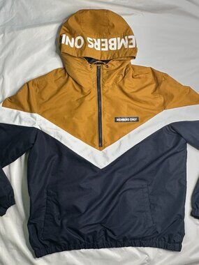 Members Only Jacket Mens XL Yellow Navy White Hooded Windbreaker Pullover